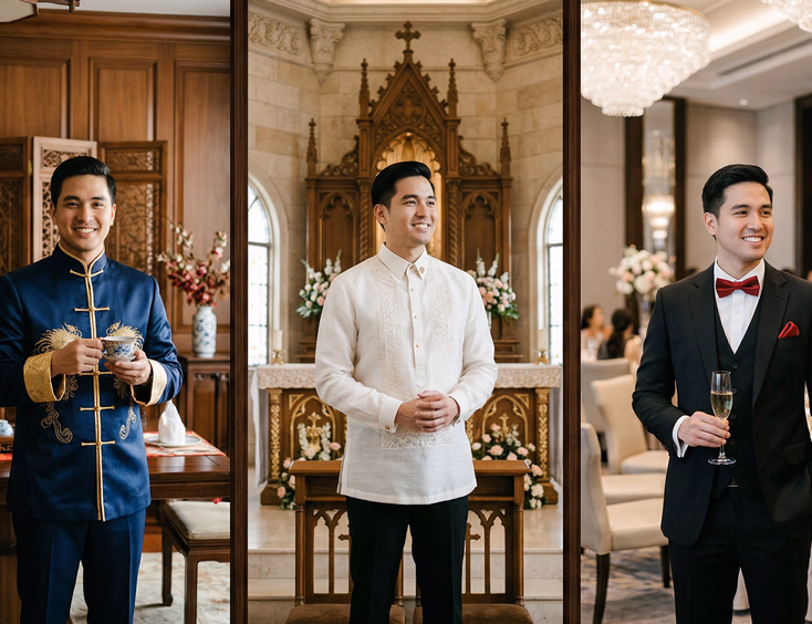 Filipino Chinese groom in wedding day triptych showing navy tang suit with mandarin collar for tea ceremony white barong tagalog for church ceremony and tailored black suit with red pocket square for reception in editorial fashion photography