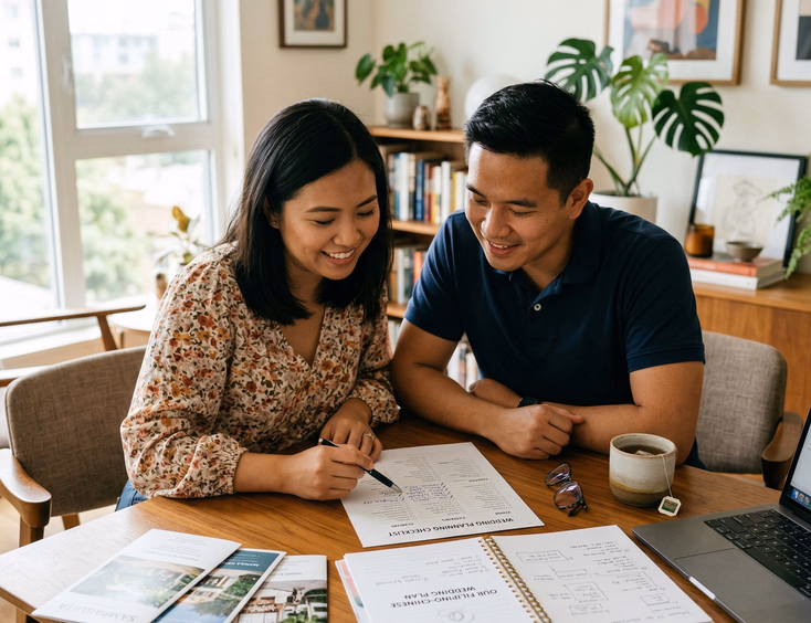 Filipino Chinese couple sitting at a bright home dining table reviewing a printed wedding planning checklist together with an open planner notebook, laptop, venue brochures, and tea