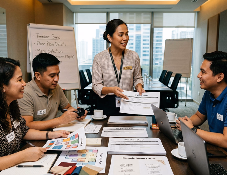 Filipino female wedding coordinator leading a supplier briefing with a photographer, florist, and emcee around a conference table covered with printed timeline sheets, venue floor plans, and sample menu cards