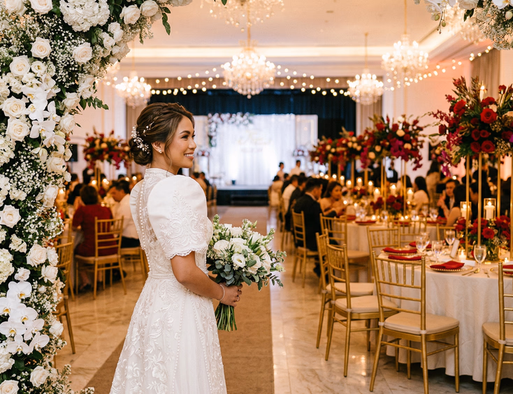 Filipino Chinese bride in white bridal gown standing near a white and ivory floral entrance arch inside a warmly lit Metro Manila wedding banquet hall with red and gold centerpieces on round tables
