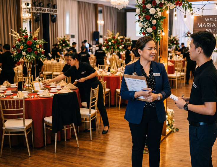 Filipino female wedding coordinator in a blazer holding a clipboard and speaking with banquet staff during mid-setup of a red and gold decorated wedding reception hall in the Philippines