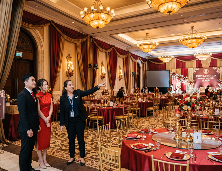 Filipino Chinese couple with female wedding coordinator pointing across grand Philippine hotel ballroom set with red satin tablecloths gold centerpieces and lazy Susan turntables during venue site visit