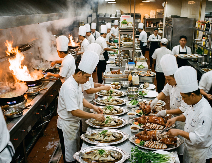 Filipino chefs in white uniforms working at high-flame wok stations plating whole steamed fish and roasted meats in large Philippine hotel banquet kitchen during Chinoy wedding reception