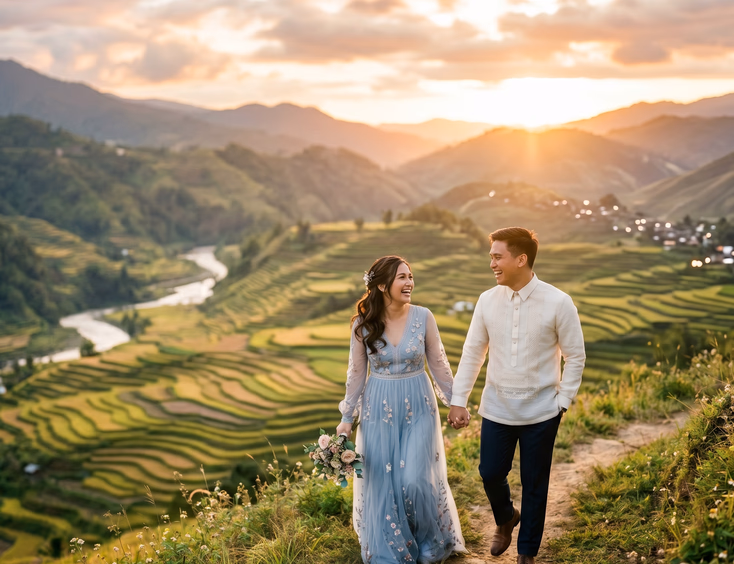 Filipino couple holding hands and laughing during a golden hour prenup shoot in a scenic Philippine landscape.