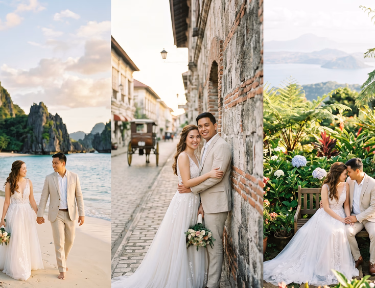 Split composition of a Filipino couple in prenup attire at a Palawan beach, Vigan heritage wall, and Tagaytay garden.