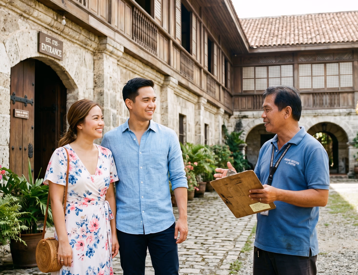Filipino couple in casual prenup outfits talking to a caretaker at a Spanish-era Philippine heritage site.