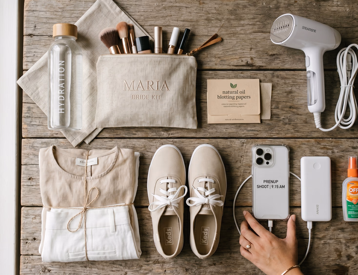 Flat lay of essential items for a Philippine prenup shoot day arranged on a rustic wooden surface.