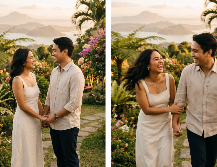 Filipino bride and groom in terno-inspired gown and barong Tagalog exchanging vows at a sunlit Philippine church wedding ceremony