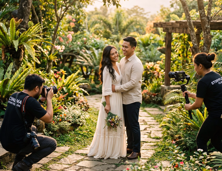 Filipino bride and groom standing under a glass tent during a light rain at a romantic outdoor garden wedding ceremony in the Philippines