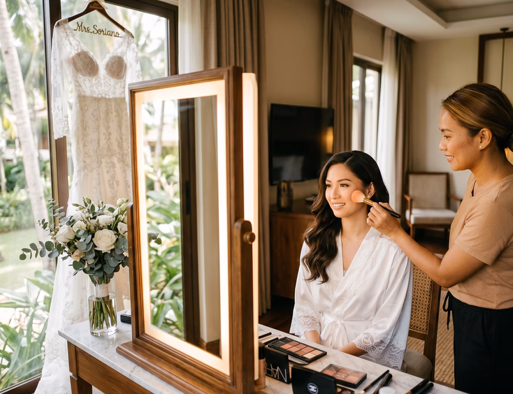 Filipino bride in a white silk robe having blush applied by a makeup artist in a sunlit hotel bridal suite in the Philippines.