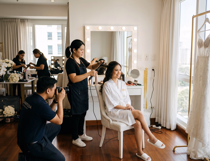 Filipino bride in a white robe getting her hair styled inside a spacious Metro Manila bridal preparation suite.