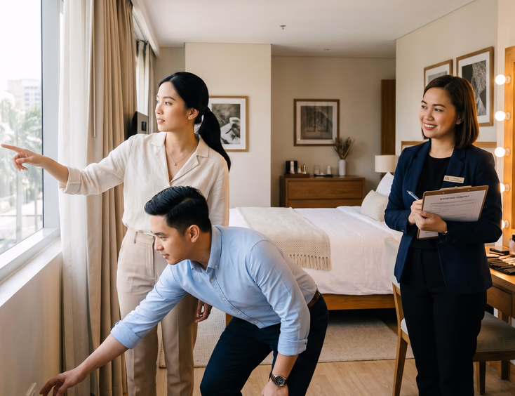 Filipino couple inspecting a wedding preparation suite with a hotel coordinator during a venue tour in the Philippines.
