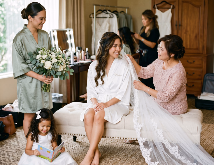 Filipino bride in a white robe having her wedding veil adjusted by her mother inside a bridal preparation room.