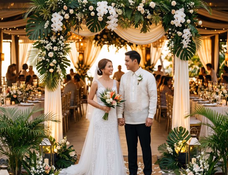 Filipino bride and groom in modern white gown and barong tagalog standing at a decorated Philippine wedding reception venue with golden-hour lighting and tropical florals