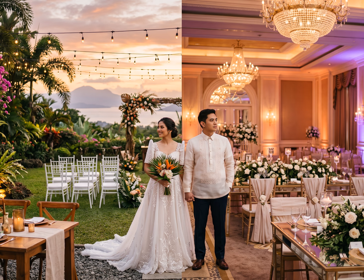 Split-scene of a Filipino couple comparing an outdoor Tagaytay garden wedding with string lights at sunset versus an elegant indoor Manila hotel ballroom with crystal chandeliers