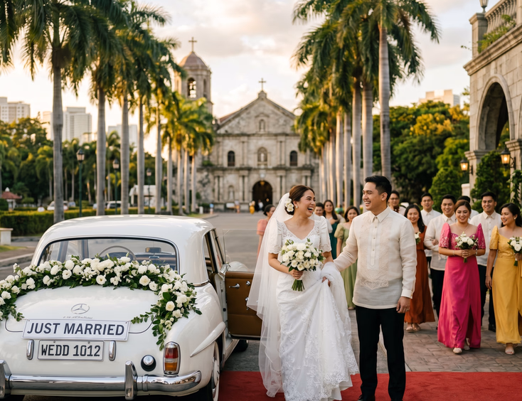 Filipino bride and groom stepping out of a vintage white bridal car near a reception venue with a Catholic church in the background and guests in formal attire