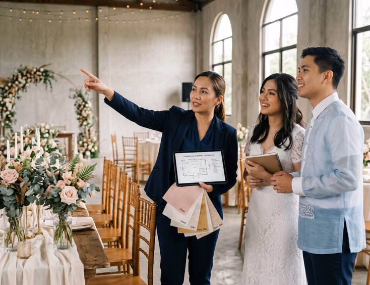 Filipino wedding stylist reviewing décor plans with a bride and groom inside a reception hall surrounded by floral centerpieces, fabric swatches, and draped table linens