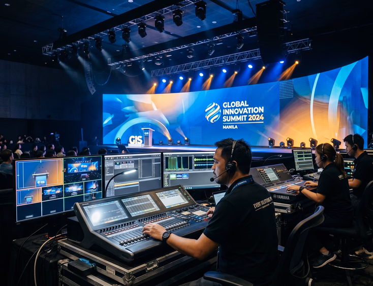 Professional Filipino AV team operating a corporate event production, with a lead operator at a control console before a large LED video wall.