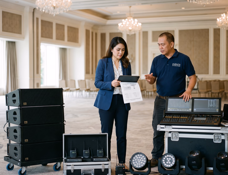 Filipina event director evaluates an AV provider's setup during a venue walkthrough, inspecting professional speakers and lighting in a ballroom.