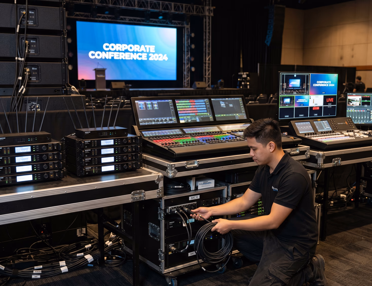 Detailed AV equipment setup for a corporate event, featuring speakers, a lighting console, and a Filipino technician connecting cables to gear.