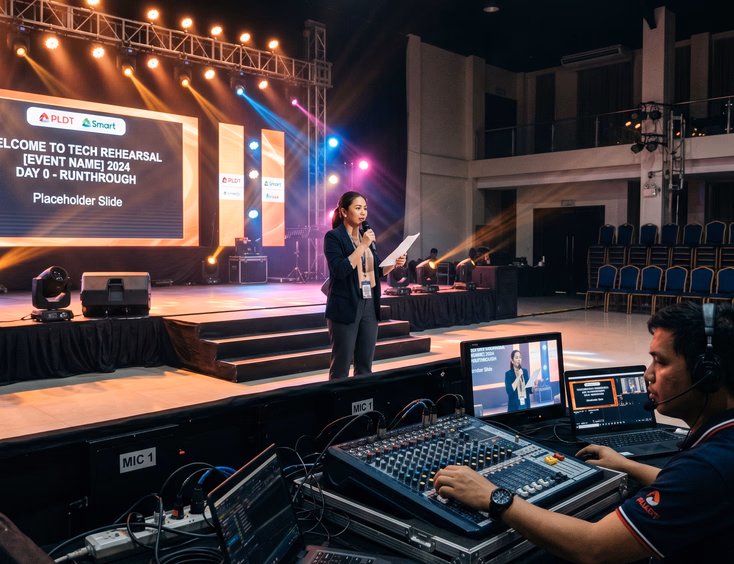 Tech rehearsal in progress at a Filipino corporate event venue, with an event coordinator on stage and an AV operator at the control console.