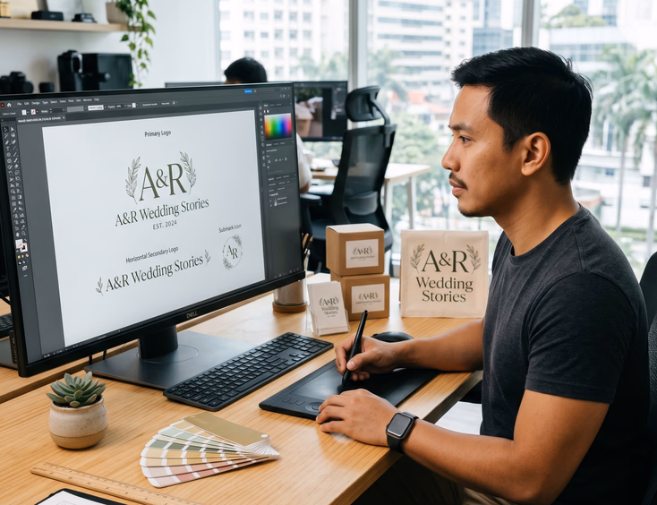 Filipino graphic designer reviewing wedding business logo variations on a computer monitor in a Manila studio.