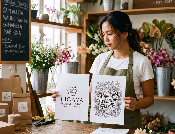 Filipino wedding florist comparing different logo designs at her Marikina studio worktable.