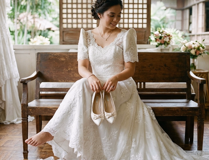 Filipino bride holding ivory satin pumps in a Manila bridal suite, with white lace gown and soft morning light through capiz shell windows