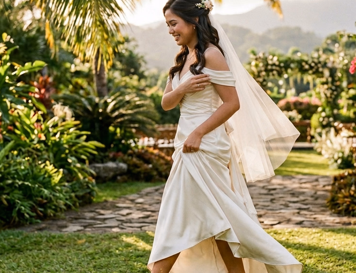Filipino bride in nude block-heel sandals walking across warm grass at a Tagaytay garden venue, lifting her satin gown hem in golden afternoon sunlight