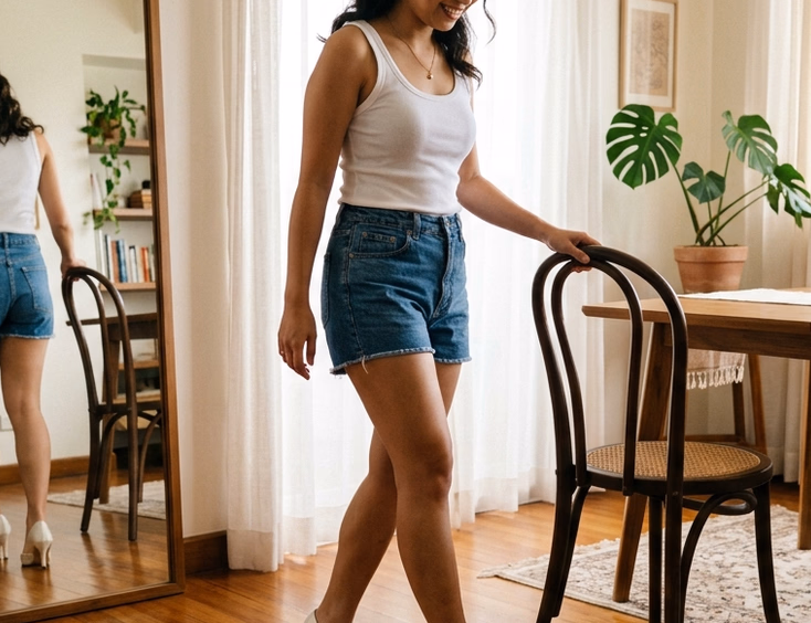 Filipino bride-to-be in casual wear trying on ivory wedding pumps inside her Quezon City condo, reflected in a full-length mirror with soft daylight
