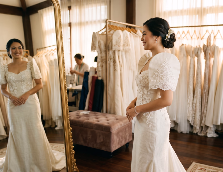 Filipina bride in her late 20s wearing a modern terno wedding gown with piña fabric butterfly sleeves, admiring her reflection in a full-length mirror inside a sunlit bridal atelier in Manila