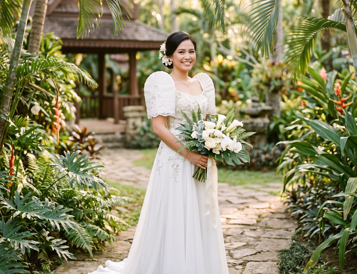 Filipina bride wearing a modern white terno wedding gown with dramatic structured butterfly sleeves, standing in a lush tropical garden in the Philippines with sampaguita flower updo and white rose bouquet