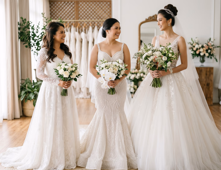 Three Filipina brides in a bright bridal showroom showcasing an A-line wedding gown, mermaid silhouette gown, and full ball gown, each modeled by a bride with a different body type and height