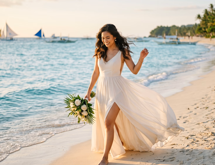 Filipina bride walking barefoot on a white sand beach in Boracay during golden hour, wearing a lightweight chiffon wedding gown with high slit and open back, hair windswept against a turquoise ocean backdrop
