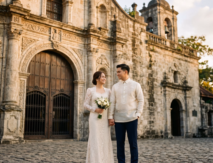 Filipino couple in traditional prenup attire in front of a Spanish-era Philippine church.
