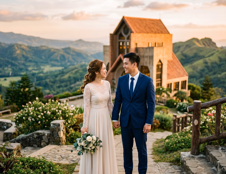 Filipino couple in prenup attire at Caleruega Chapel in Batangas with rolling hills in the background.