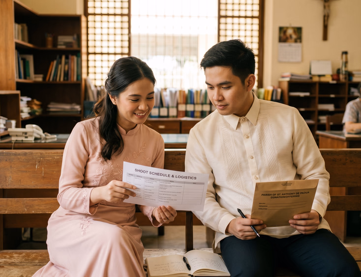 Filipino couple in church prenup attire seated on a parish bench reviewing a shoot schedule.