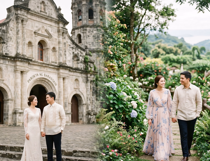 Split composition of a Filipino couple in prenup attire featuring a Spanish-era church and a lush Tagaytay garden.