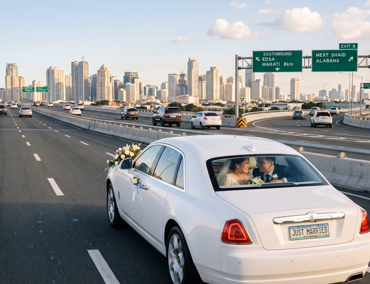 White Rolls-Royce Ghost bridal car with white floral arrangement driving along an elevated Manila highway with a Filipino bride and groom visible through the rear window against the city skyline on a clear afternoon