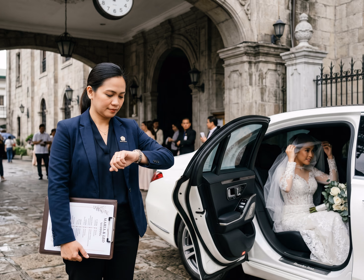 Filipino wedding coordinator in a navy blazer checking her wristwatch beside a white Mercedes-Benz S-Class at a stone Catholic church entrance with the bride adjusting her veil inside the car and a wall clock showing 1:15 PM