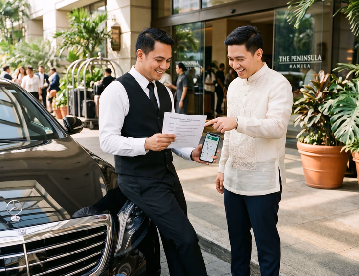 Filipino male chauffeur in white shirt and black vest holding a printed itinerary and a Waze navigation map on his smartphone beside a black luxury sedan with a Filipino groom in cream Barong Tagalog pointing at an address in a hotel driveway