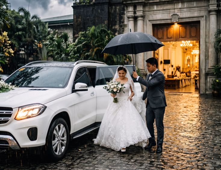 Filipino groomsman holding a black umbrella over a bride in a white ball gown stepping from a white luxury SUV onto a wet cobblestone driveway in the rain with warm church entrance light visible ahead