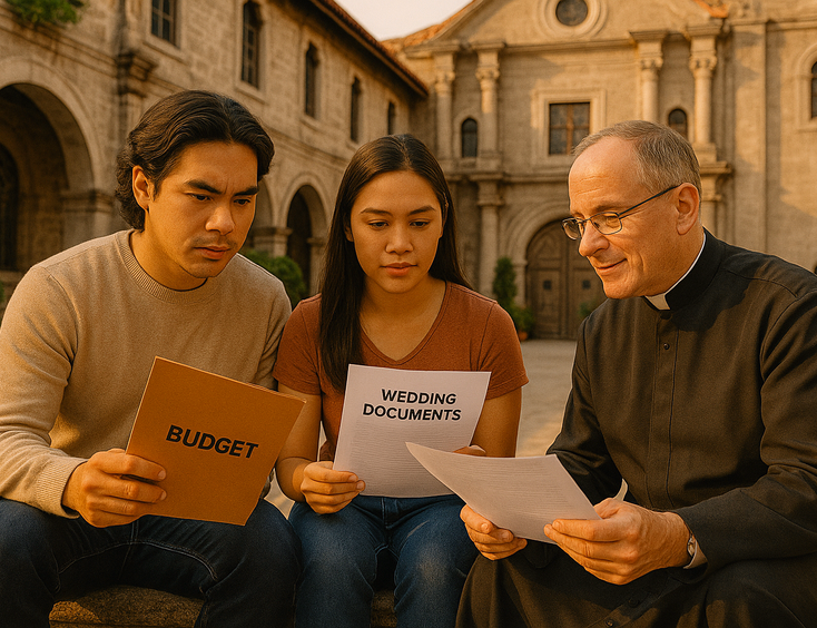 Young Filipino couple meeting a priest at a Manila church courtyard reviewing wedding documents and a budget folder