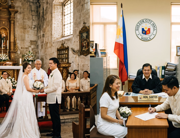 Split screen showing a Filipino Catholic church wedding with a priest and a civil wedding with a judge.