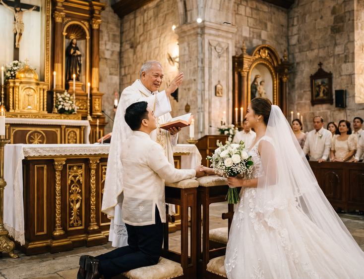 Filipino Catholic priest blessing a kneeling bride and groom at the altar of a historic stone church.