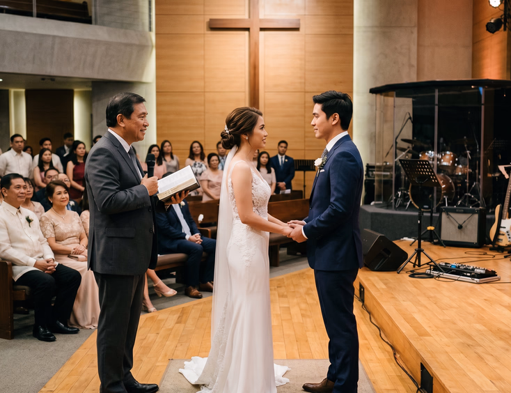 Filipino Evangelical pastor officiating a wedding ceremony in a contemporary Christian church.