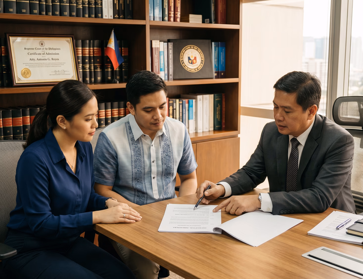 Filipino couple reviewing a prenuptial agreement on absolute community of property with a lawyer.