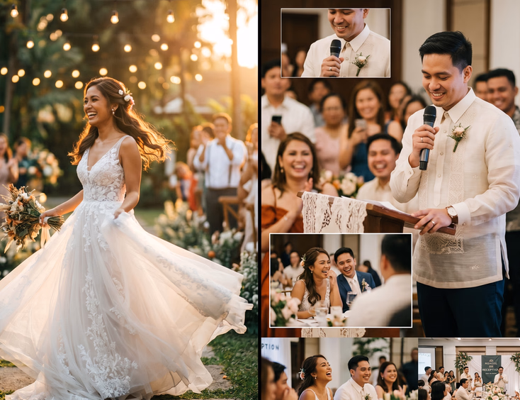 Split-screen comparison of cinematic and documentary Filipino wedding video styles showing a bride twirling in slow motion on the left and a groom delivering a speech at a Manila reception on the right.