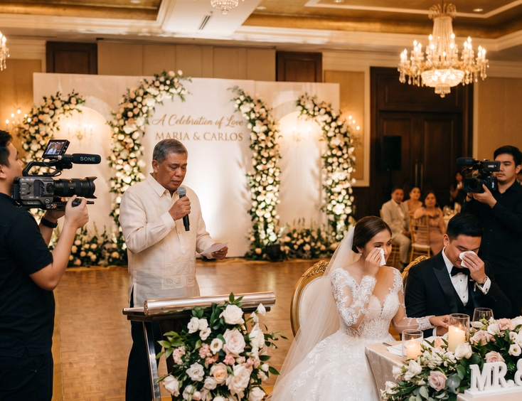Father of the bride delivering an emotional speech at a Filipino wedding reception in a Manila hotel ballroom while two videographers discreetly film the tearful bride and groom at their table.