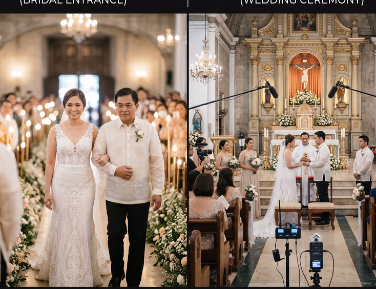 Side-by-side visual comparison of cinematic and documentary Filipino wedding video styles showing a bridal entrance slow-motion shot versus a wide documentary ceremony frame with a Filipino bride and groom.